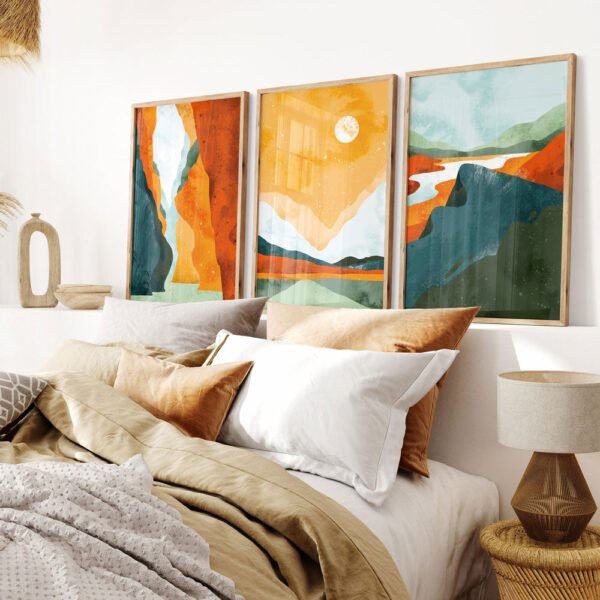 3 Piece Framed Sun and Mountain Canvas Wall Art | Yedwo