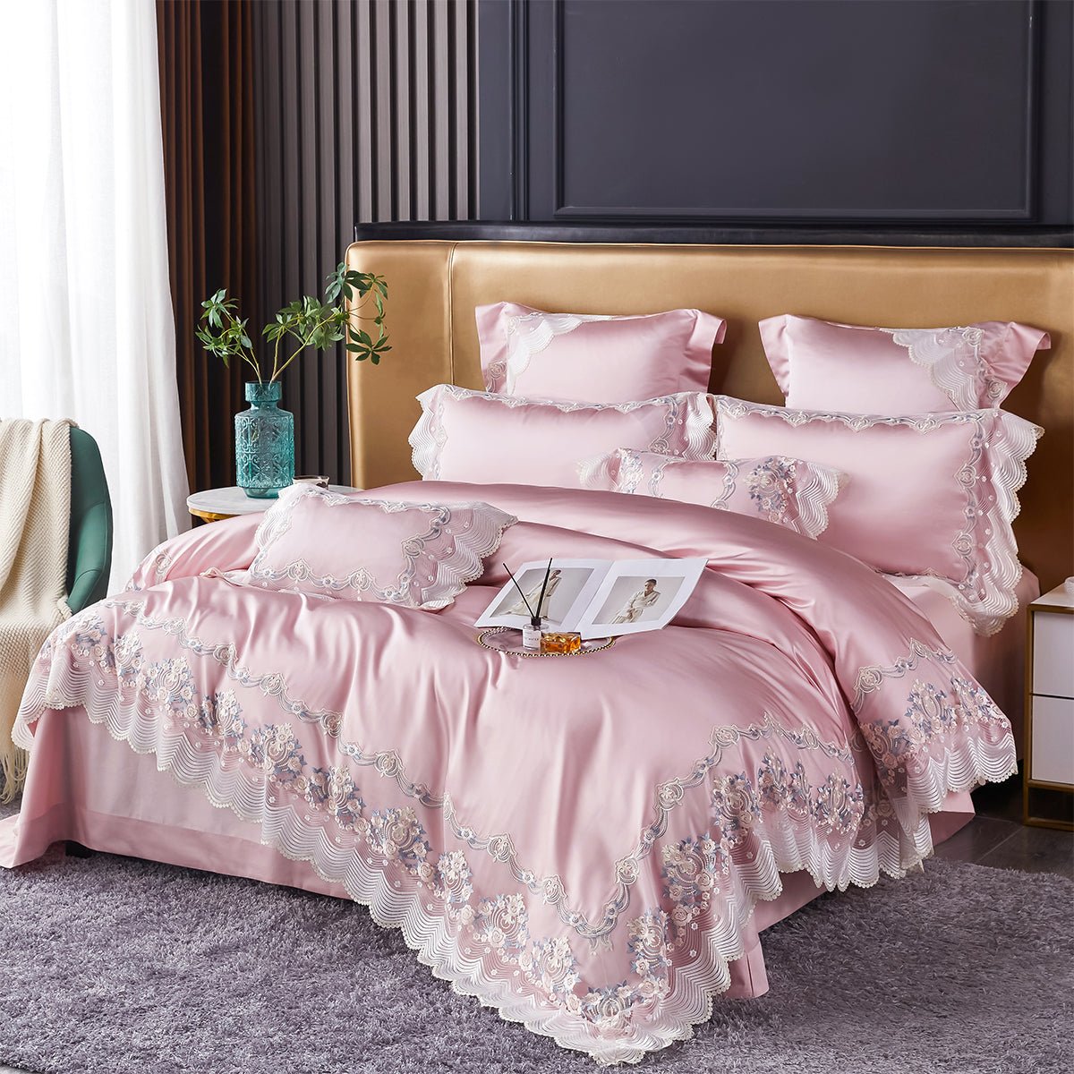 Luxury European Cotton-Silk Blend Wedding Bedding Set with Lace Trim | Yedwo - Image 5