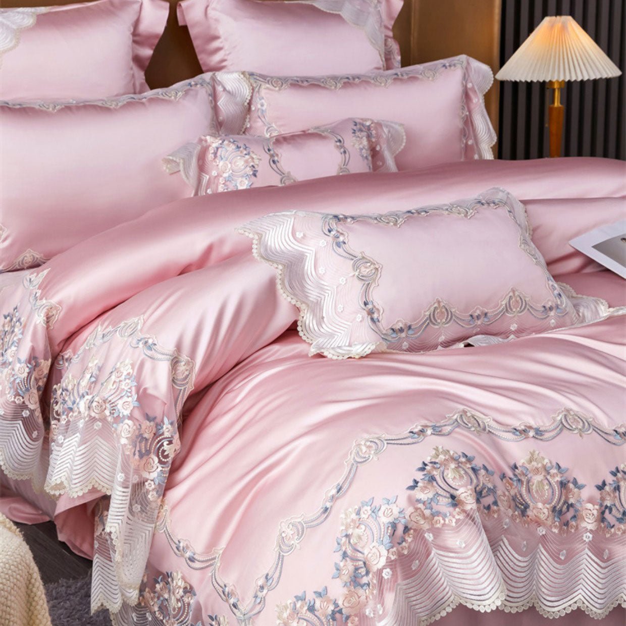 Luxury European Cotton-Silk Blend Wedding Bedding Set with Lace Trim | Yedwo - Image 13